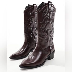 stradivarius Women's Dark Burgandy Brown Western Embroidered Boots Size 7.5